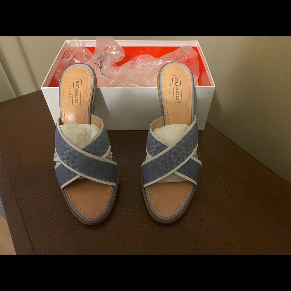 Blue and white Coach heels. Excellent condition.  Comfortable and cute.